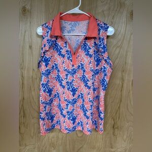 Court Haley Activewear Top Coral Blue Tropical Ruffle/Front Sleeveles Shirt Sz L